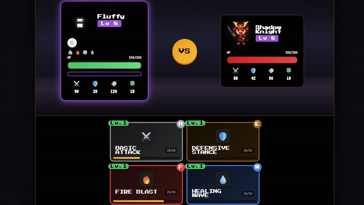 RelicNotes boss battle screen with a level 8 pet facing the Shadow Knight, HP bars and a four-skill bar