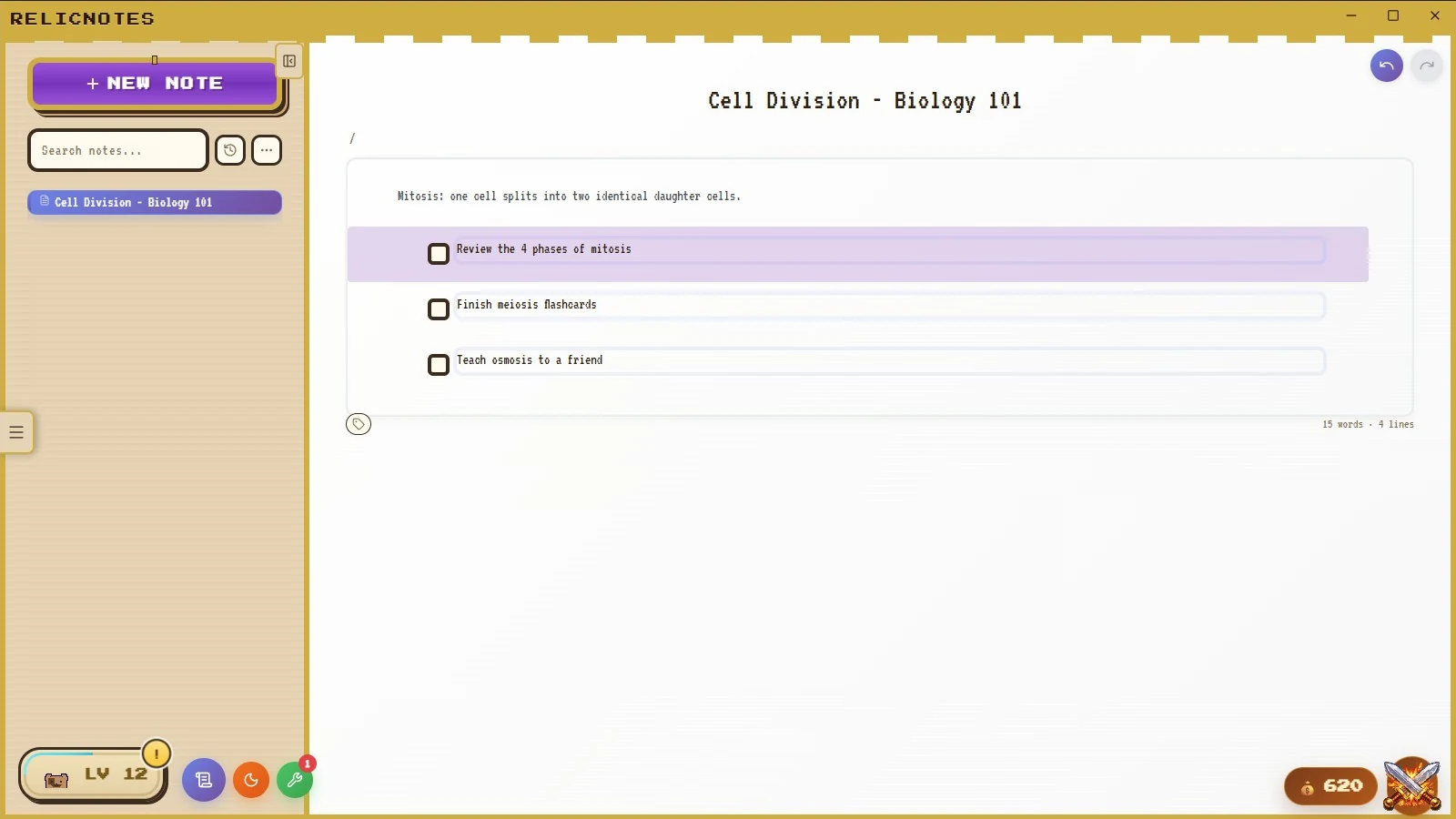 RelicNotes desktop app showing a Biology 101 note with a to-do checklist and the level 12 pet companion